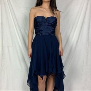 tawny small navy blue strapless asymmetrical formal dress